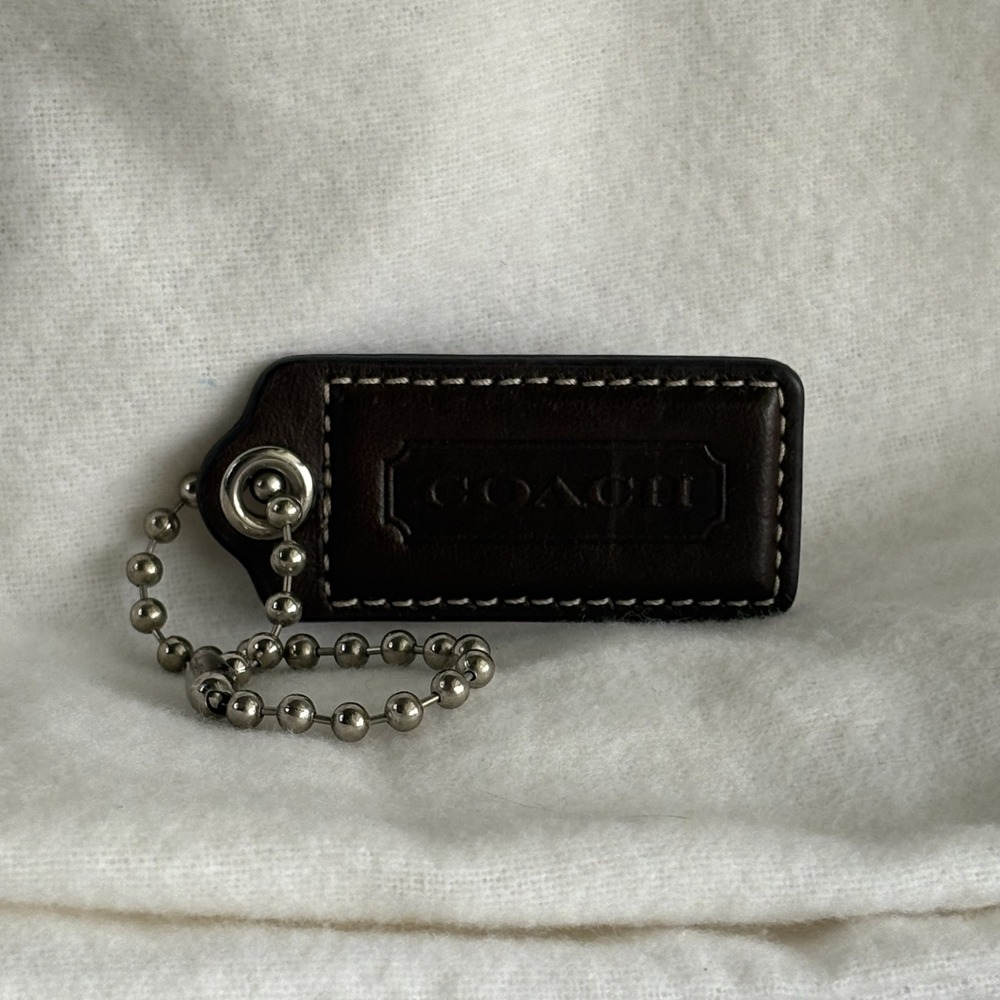 COACH 2.25" Hang Tag Fob Bag Charm Brown Leather, Silver Ball Chain